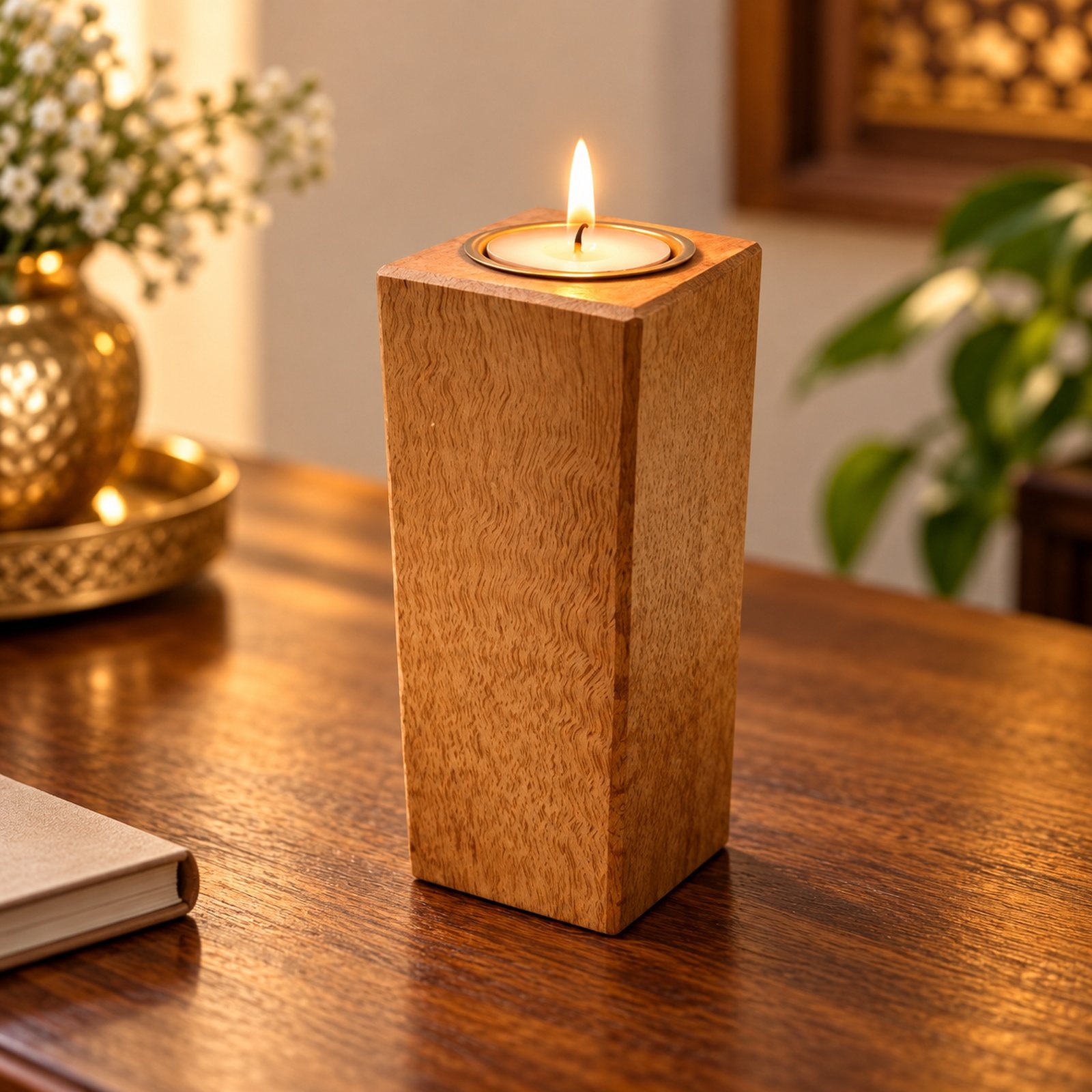 Click to zoom Wooden Candle Stand, Light, shown in use