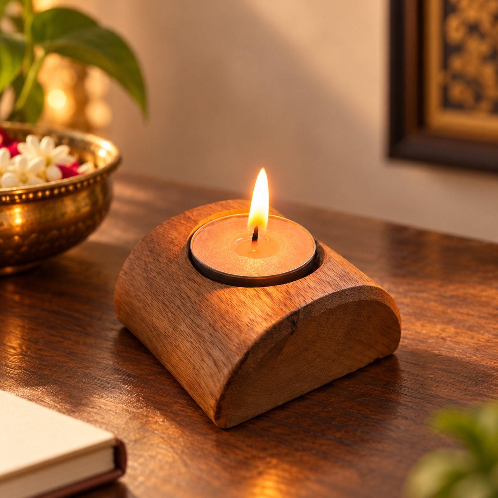 Wooden Candle Stand, Curved, shown in use