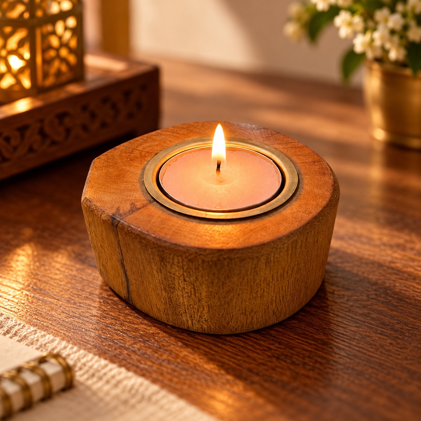 Click to zoom Wooden Candle Stand, Round, shown in use