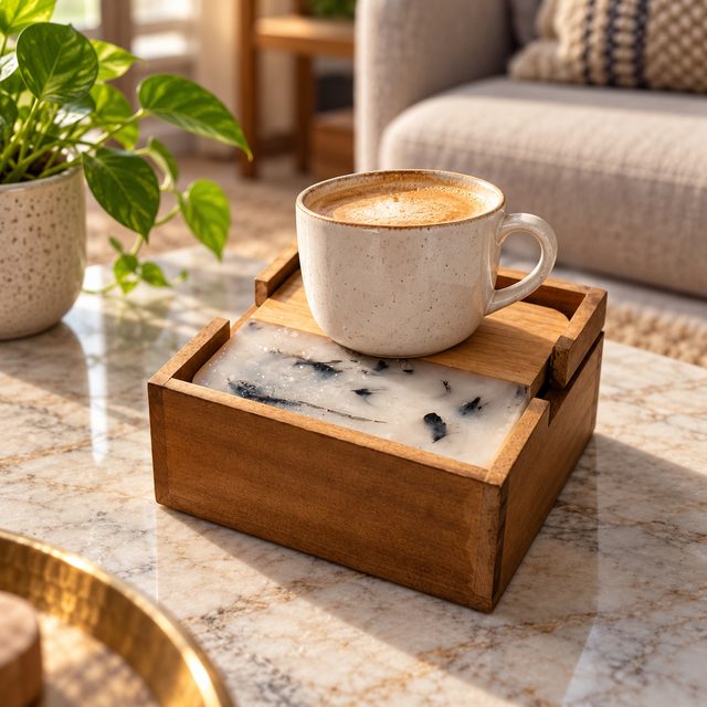 Wood & Resin Coaster Set with Holder, shown in use