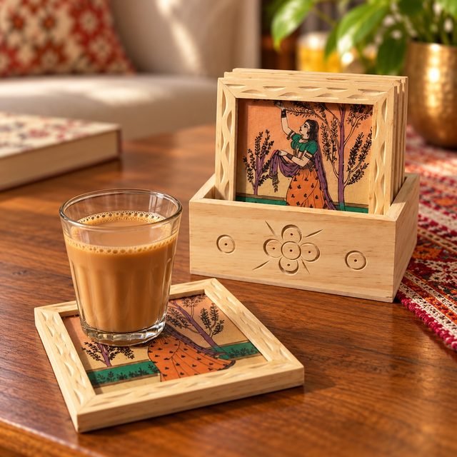 Printed Wood Coaster with Caddy, shown in use
