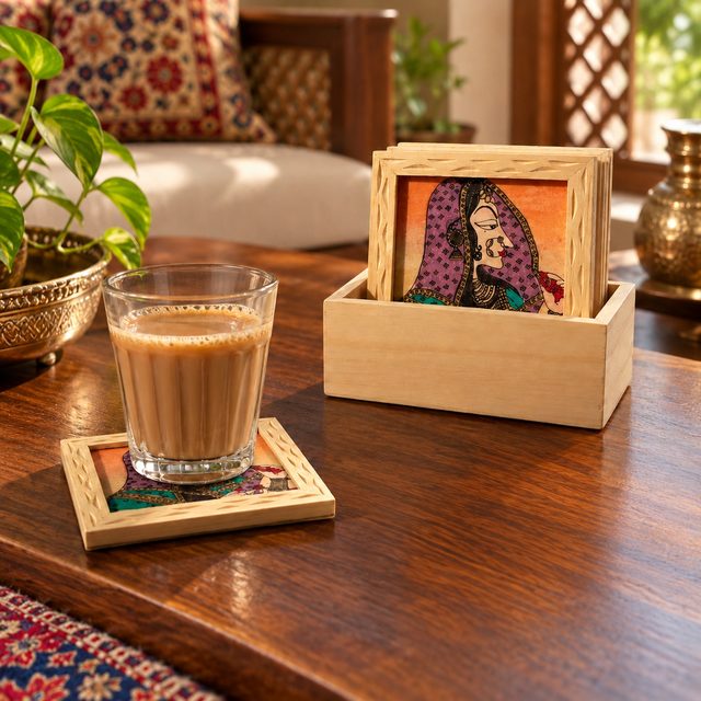 Printed Wooden Coaster with Caddy, shown in use
