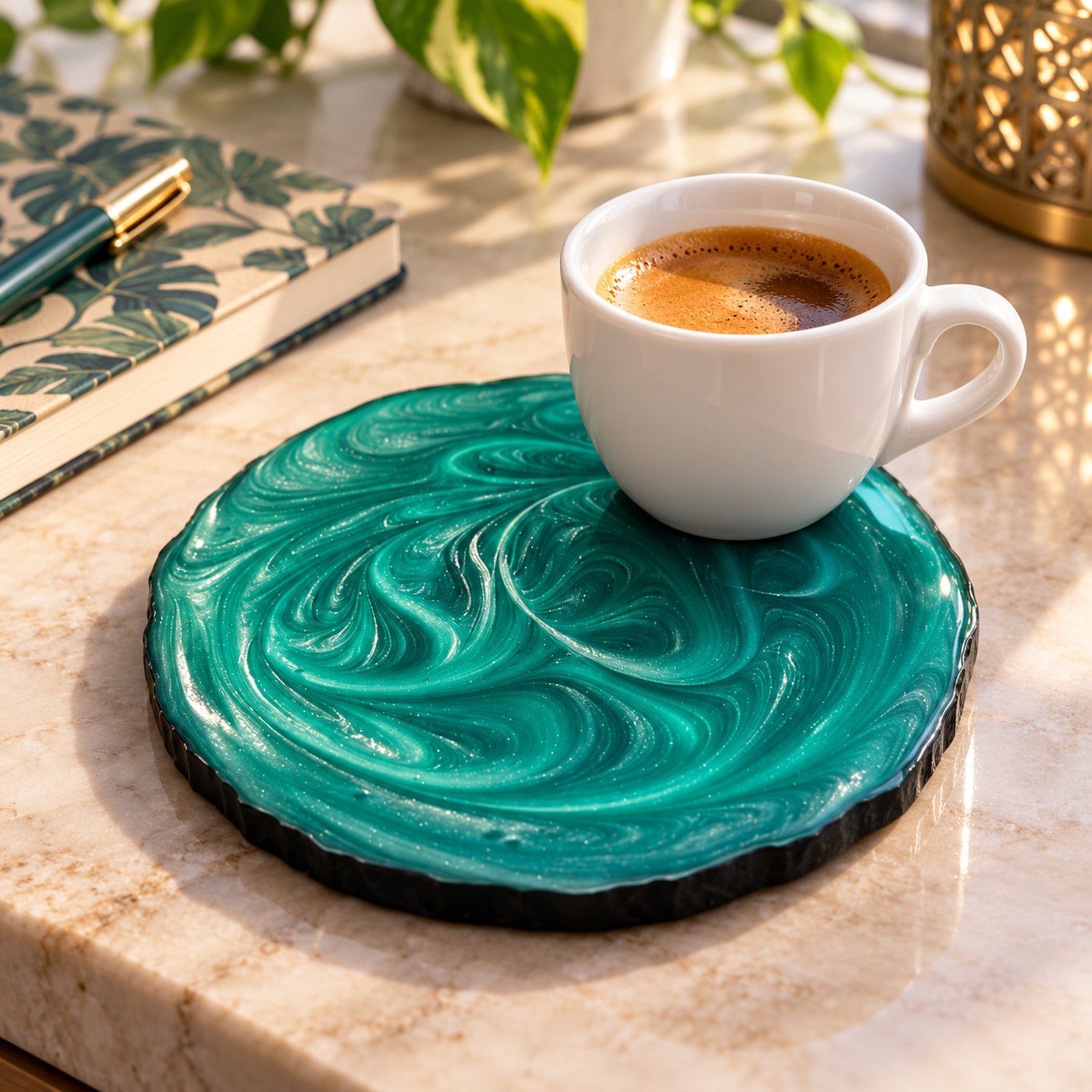 Resin Coaster, Design 2, shown in use