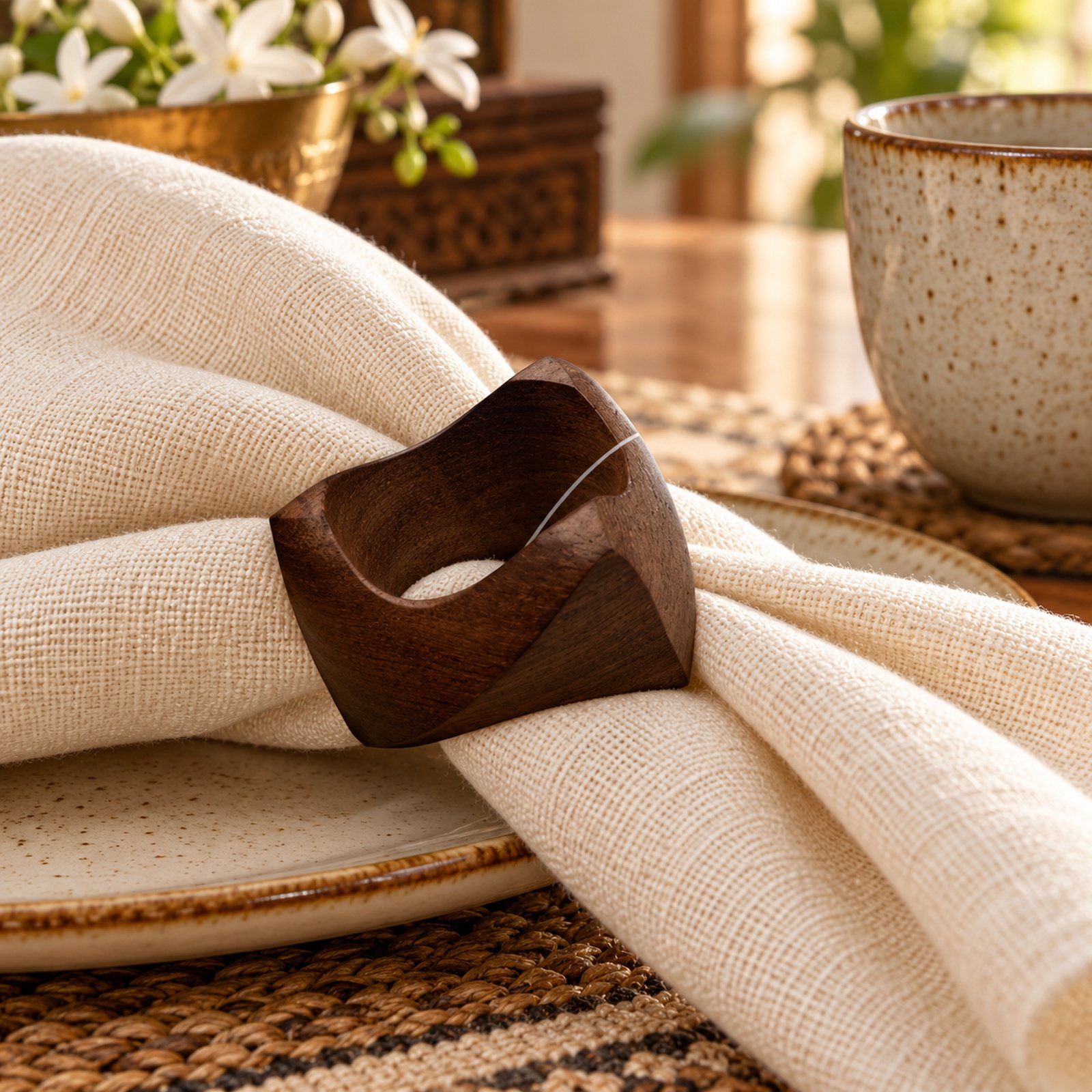 Click to zoom Faceted Wooden Napkin Ring, Light, shown in use
