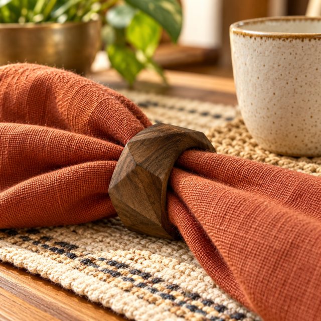 Rounded Faceted Wooden Napkin Ring, shown in use