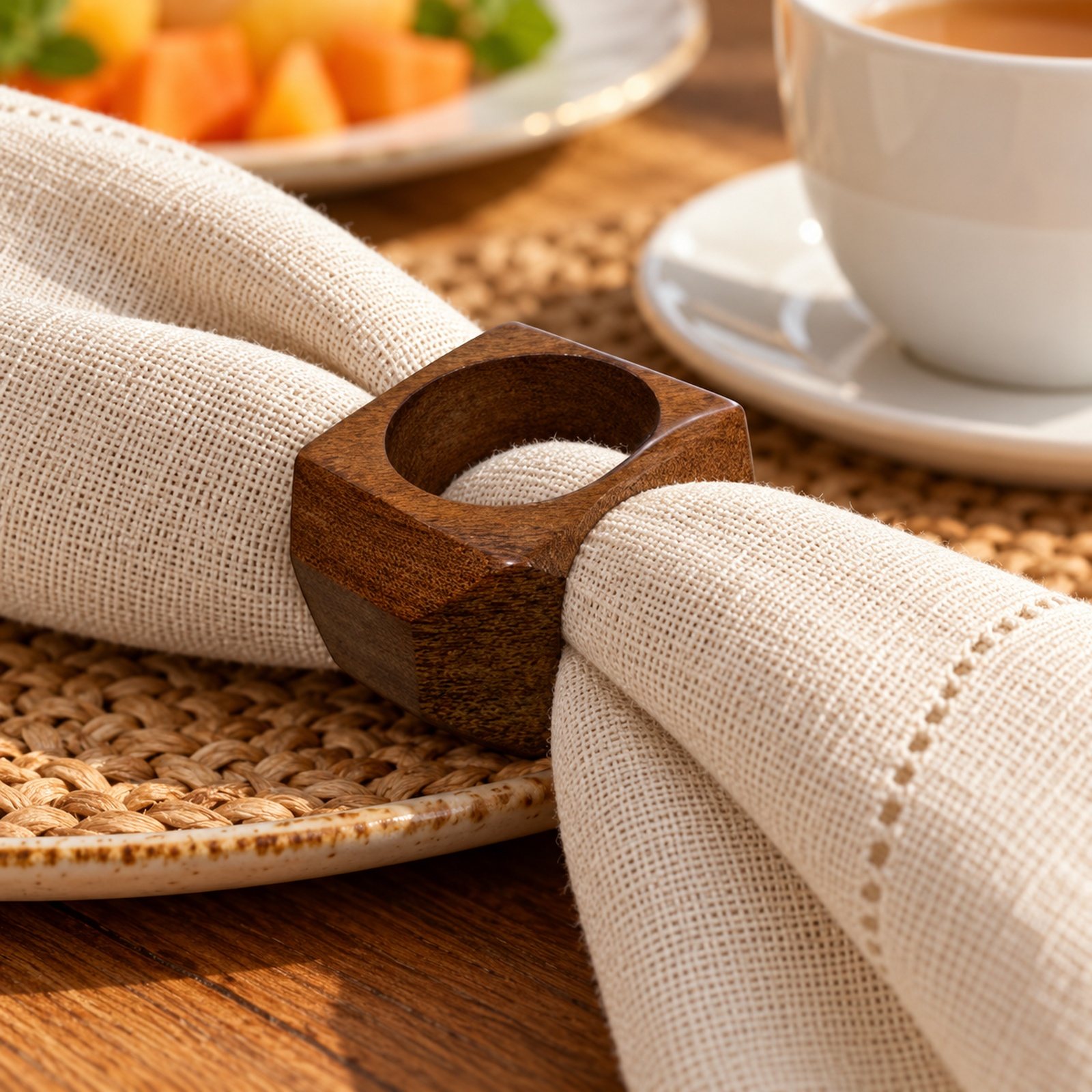 Click to zoom Square Faceted Wooden Napkin Ring, shown in use
