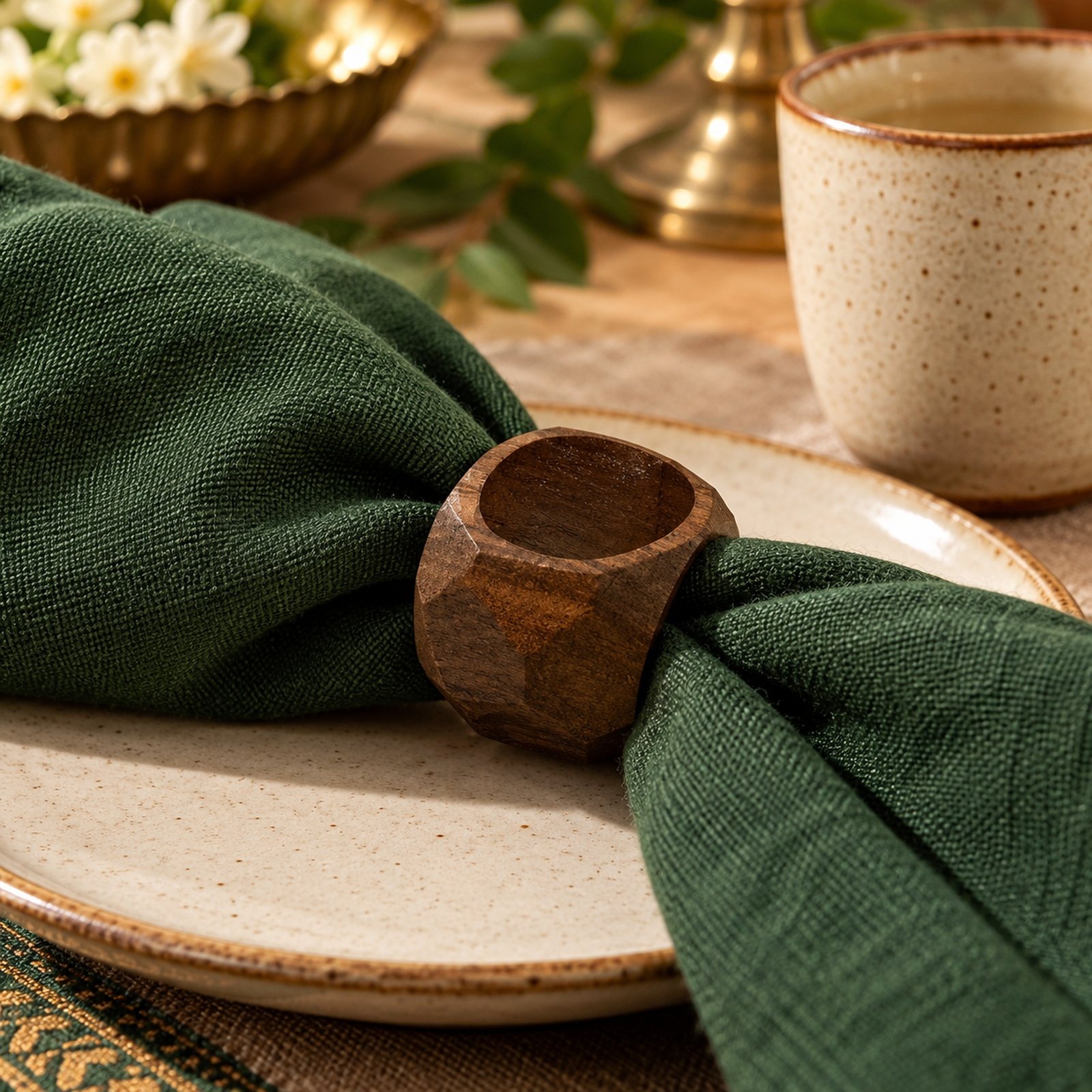 Click to zoom Polygon Faceted Wooden Napkin Ring, shown in use