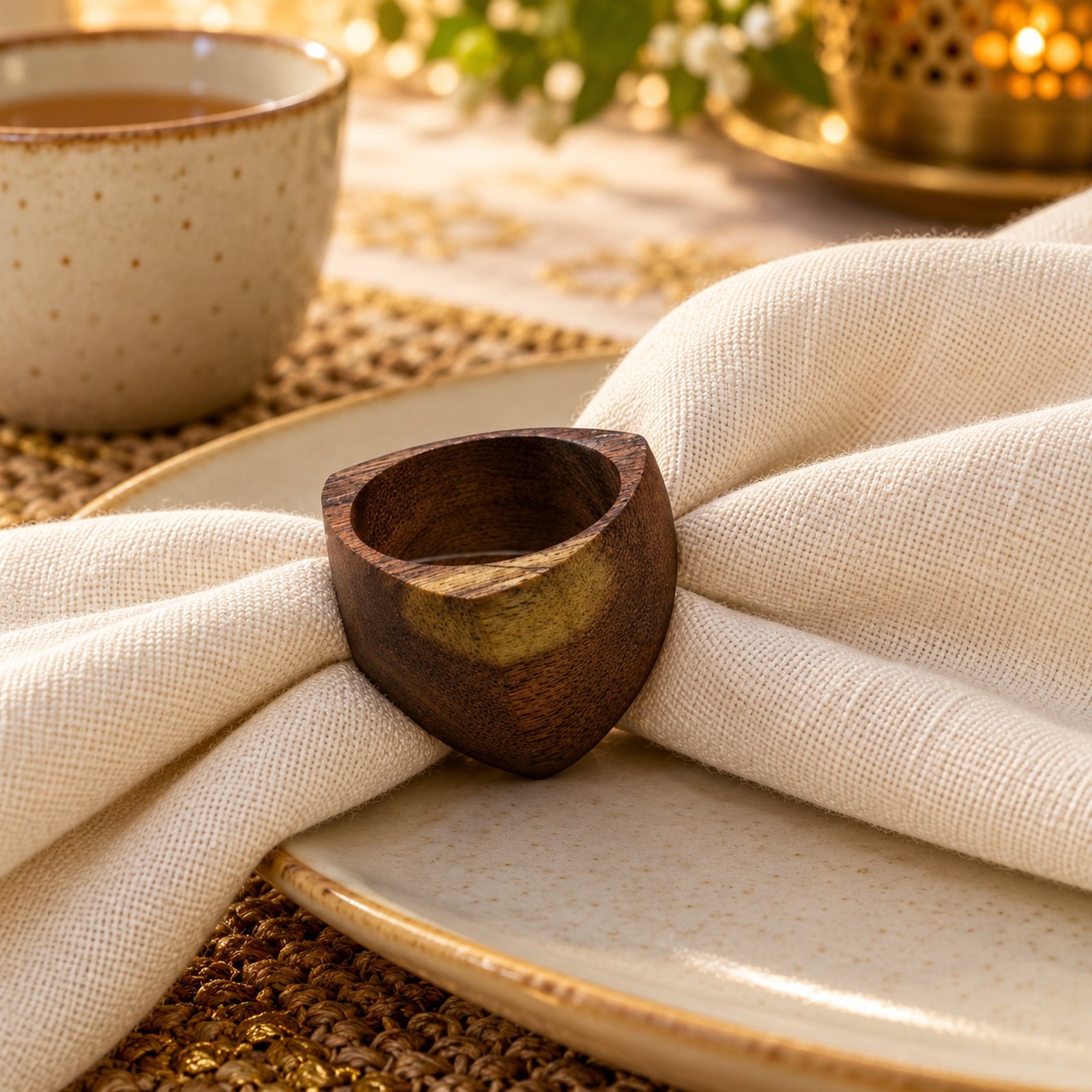 Click to zoom Rounded Triangular Wooden Napkin Ring, shown in use