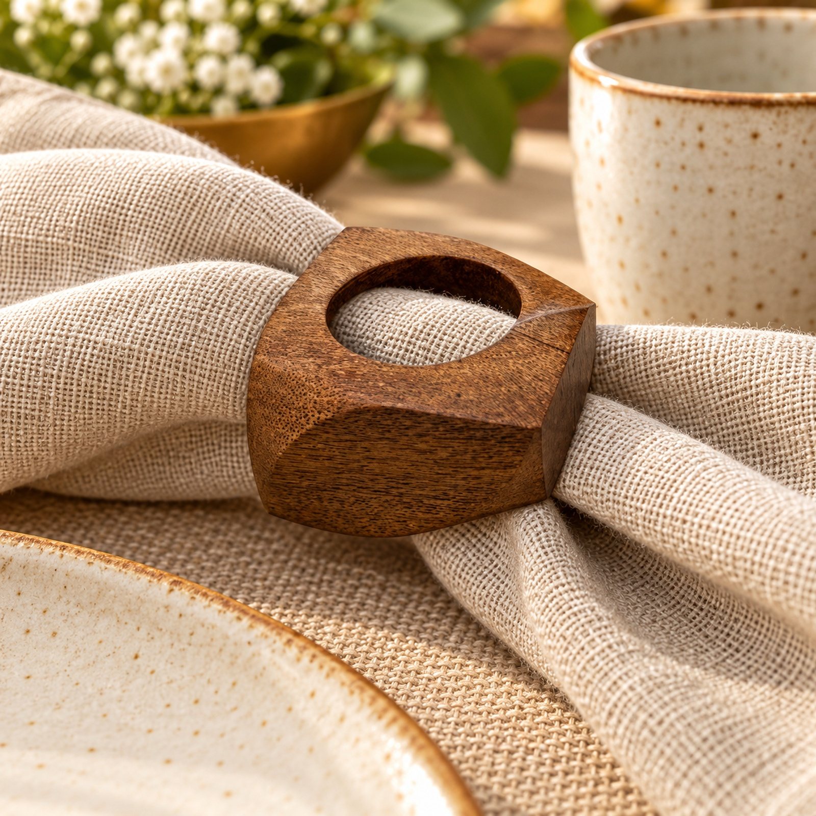 Square Wooden Napkin Ring, shown in use