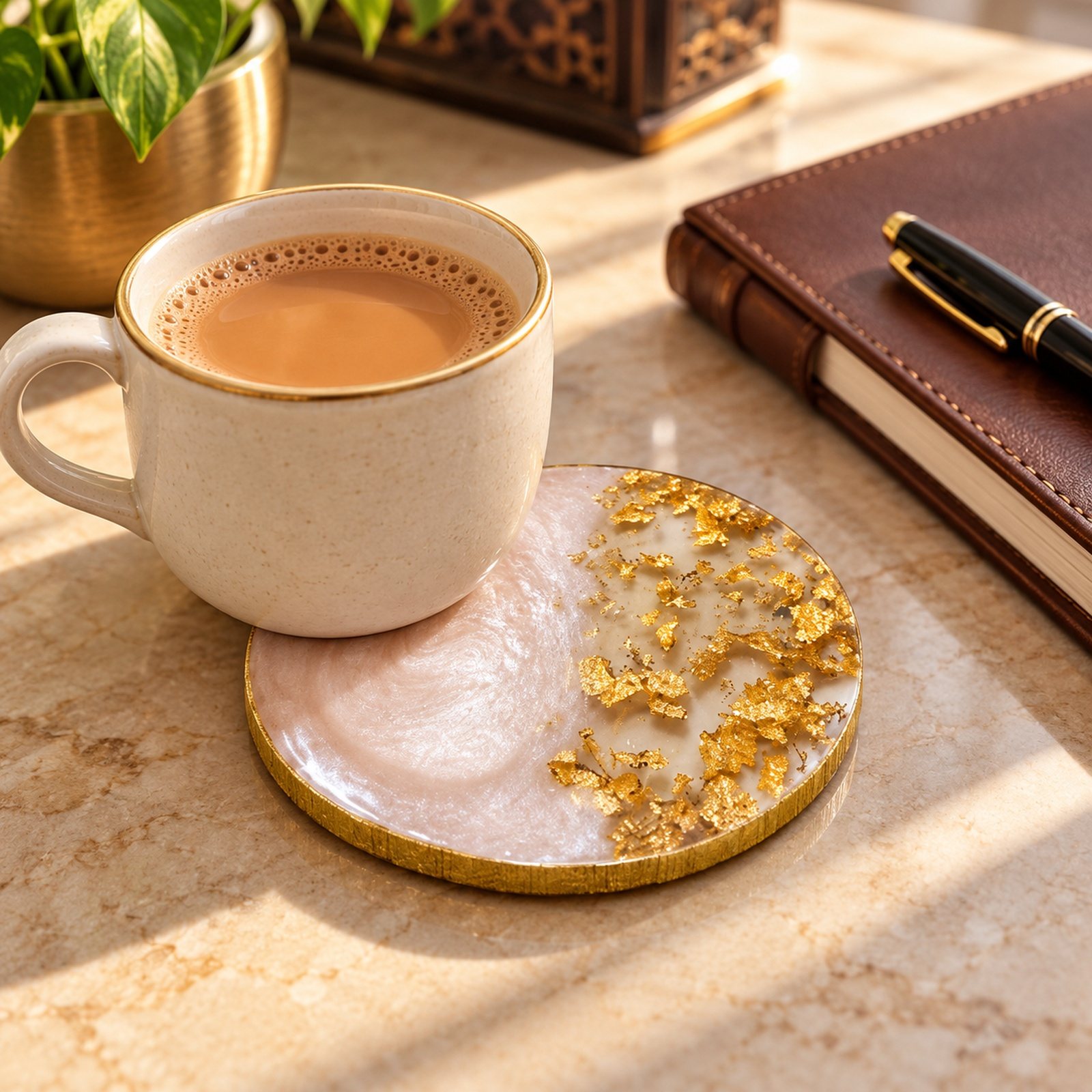 Click to zoom 4 Inch Resin Coaster with Gold Chips, shown in use
