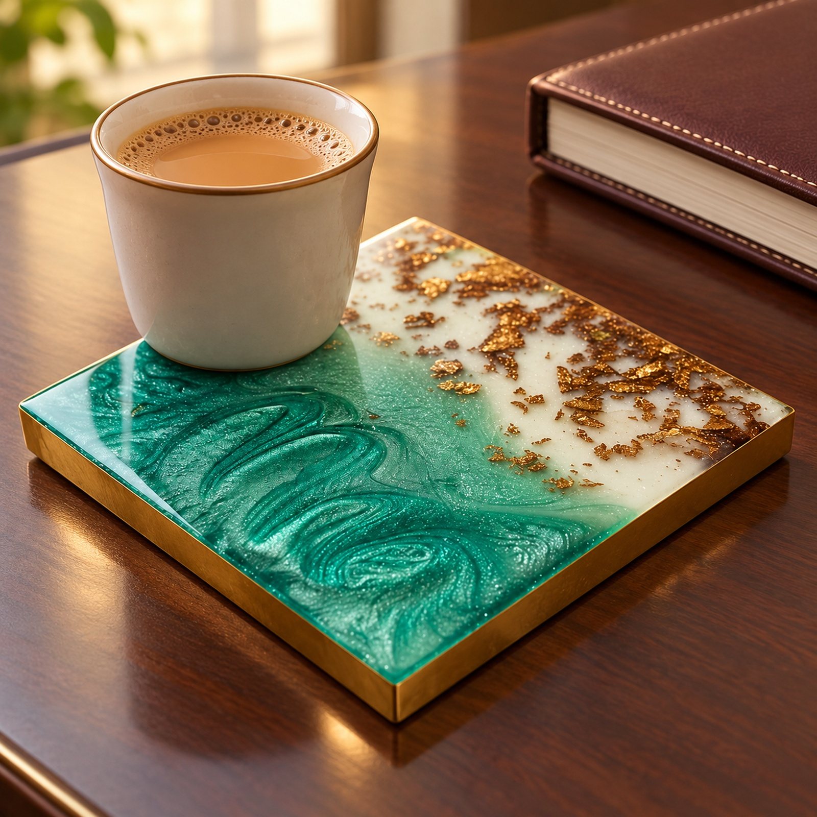 Resin Coaster, Gold, shown in use