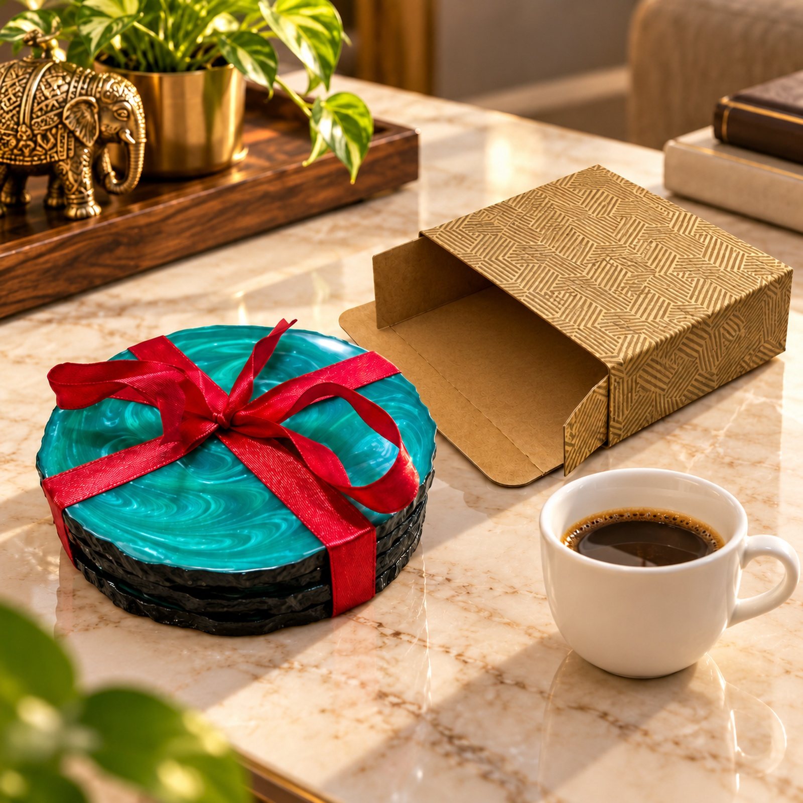 Teal Resin Coaster Gift Set, shown in use