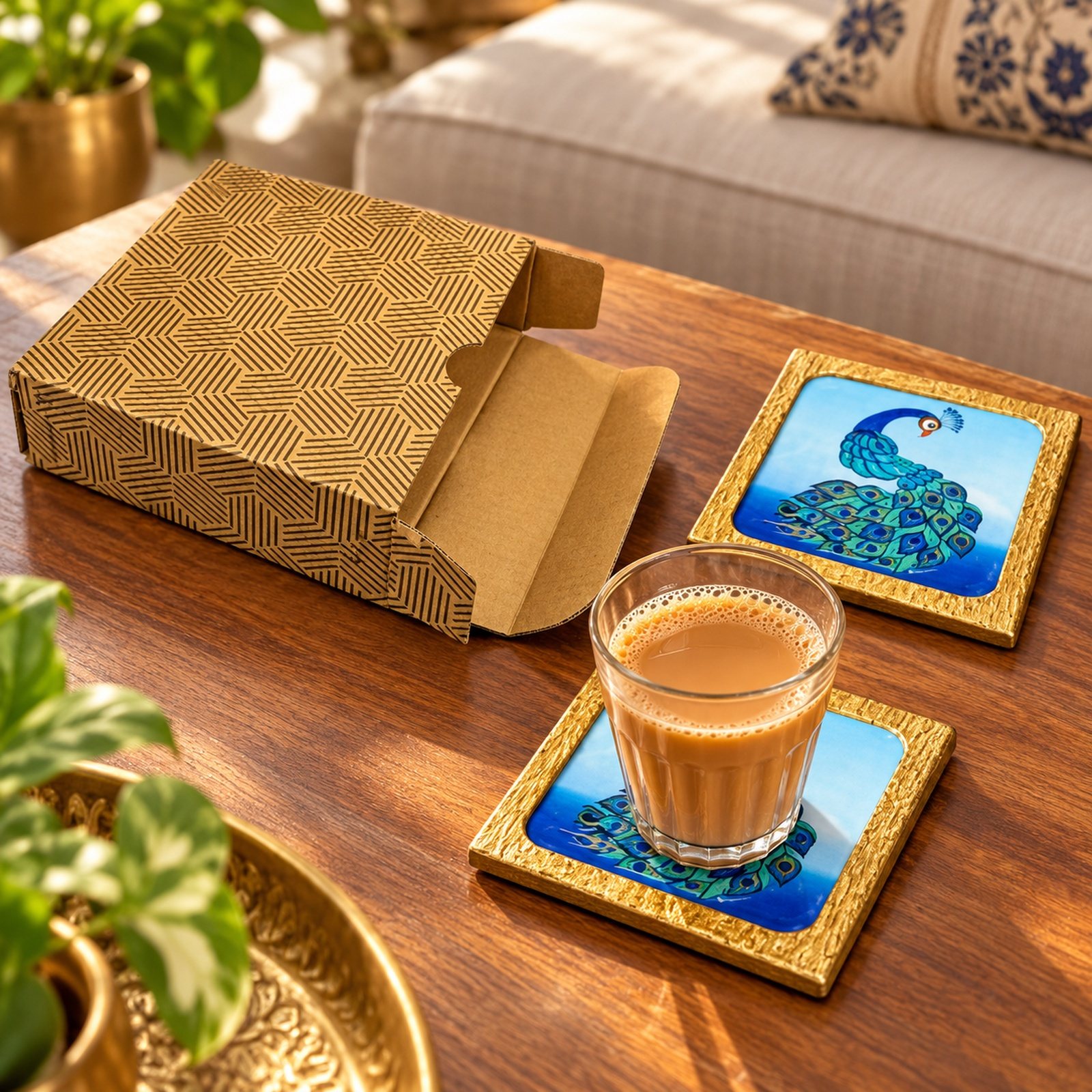 Click to zoom Peacock Print Coaster Gift Set, shown in use