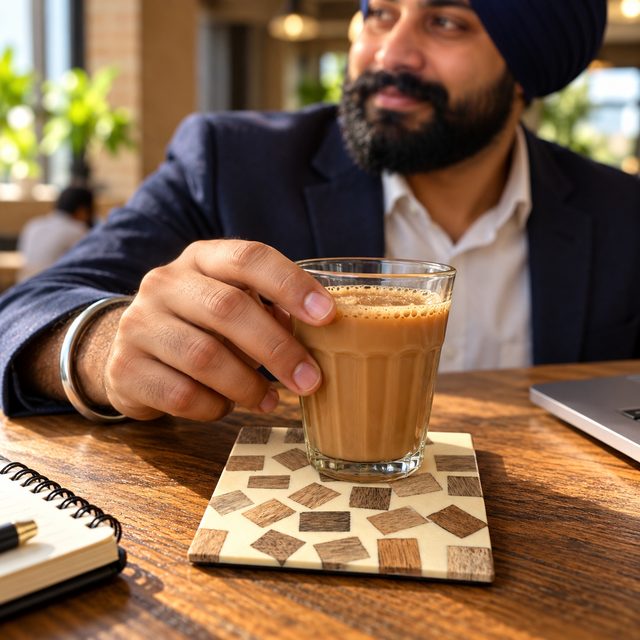 Genuine Wood & Resin Coaster, Design 6, shown in use