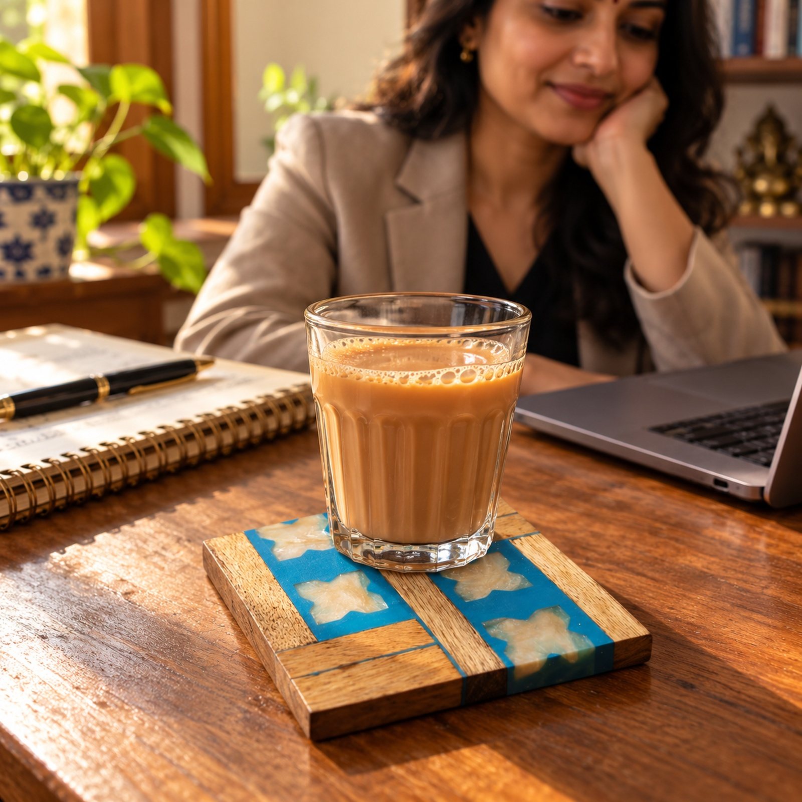 Genuine Wood & Resin Coaster, Design 7, shown in use