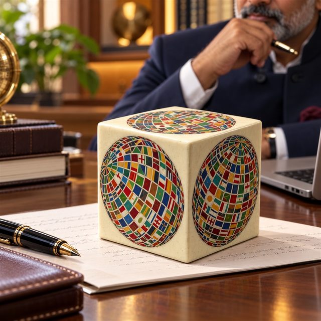 Paperweight, Cube, shown in use