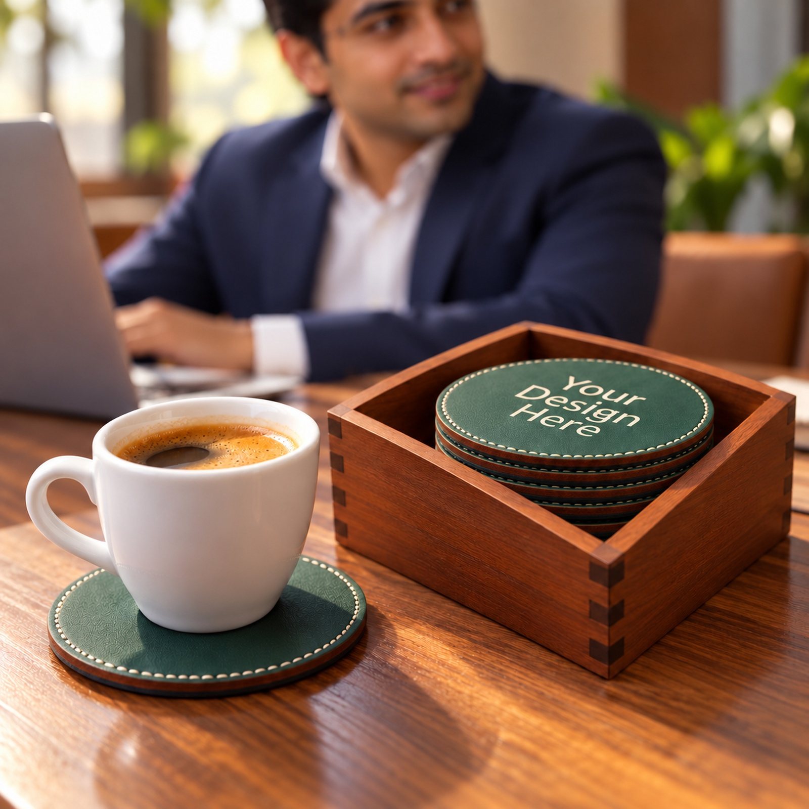 Click to zoom Printed MDF Coaster 6 Pcs Set with Holder, Design 2, shown in use