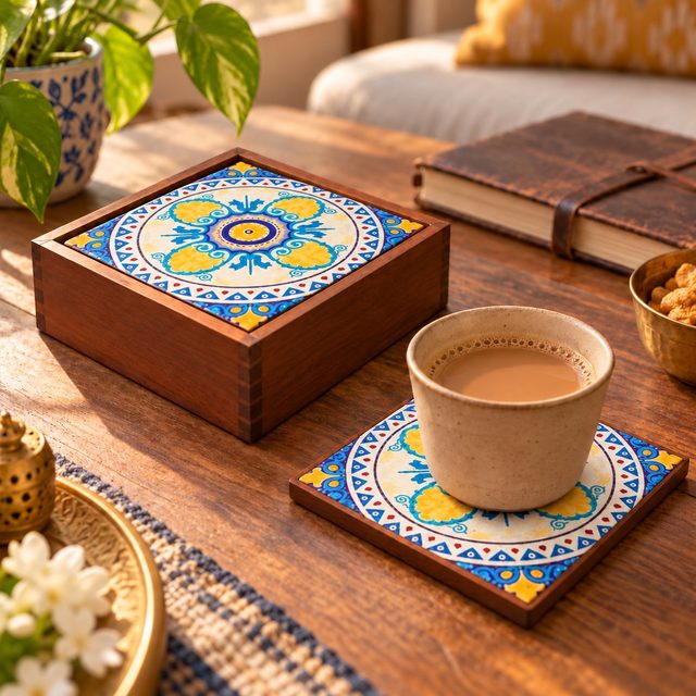 Printed MDF Coaster 6 Pcs Set with Holder, Dark, shown in use