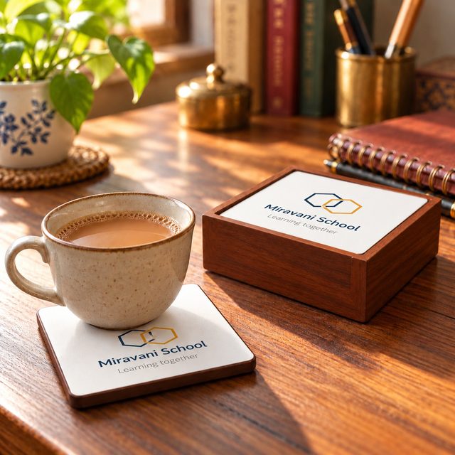 Printed MDF Coaster 6 Pcs Set with Holder, Round, shown in use