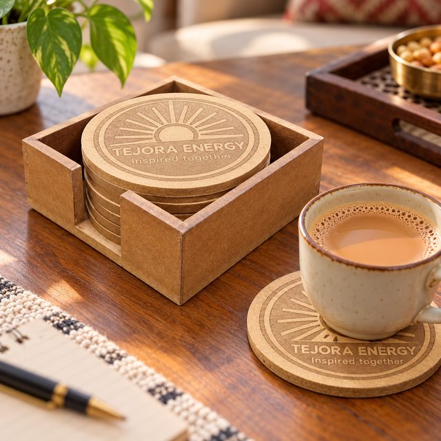 MDF Coaster Set of 6 Pcs with Caddy, Tree, shown in use