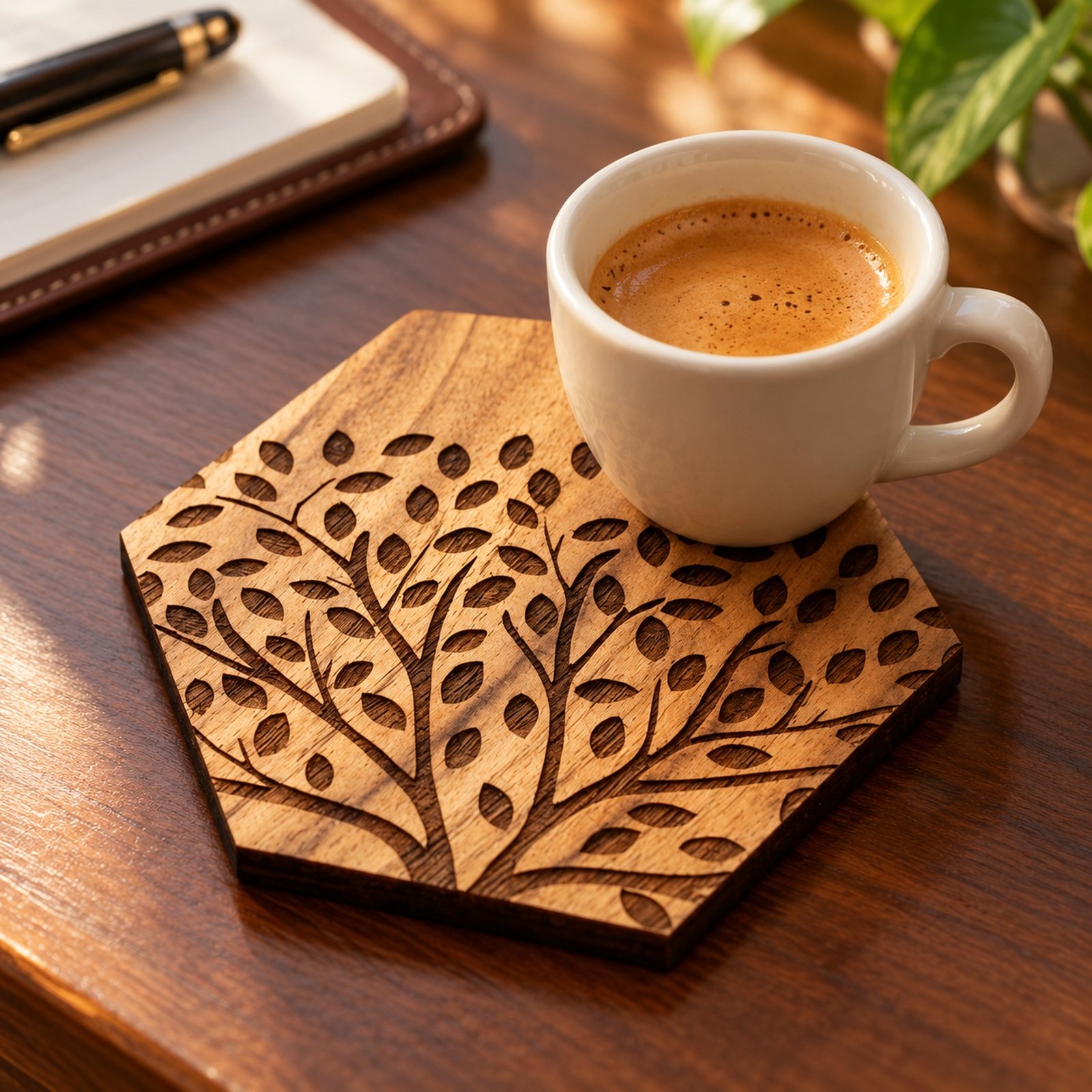 Wood Coaster, Tree, shown in use