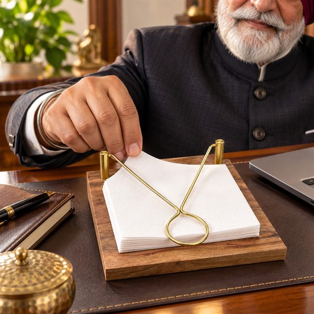 Paper Napkin Holder, Dark, shown in use