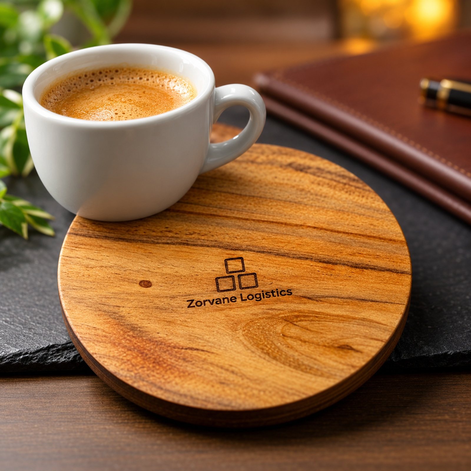 Wood Coaster, Triangular, shown in use