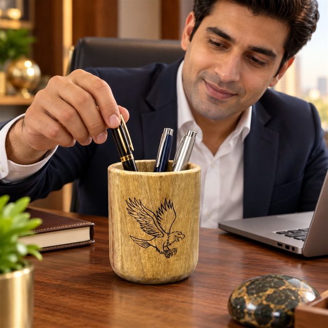 Pen Stand Wood, shown in use