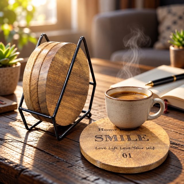 Wood Coaster with Metal Holder, shown in use