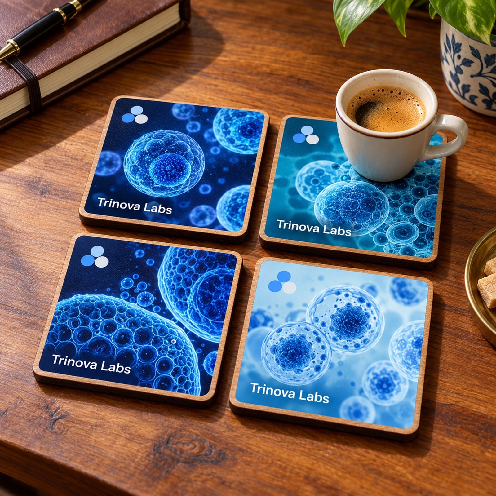 Printed Wood Coaster, shown in use