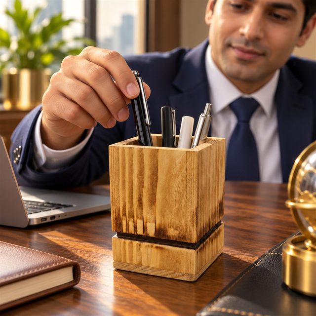 Steamed Beech Wood Pen Stand, Dark, shown in use