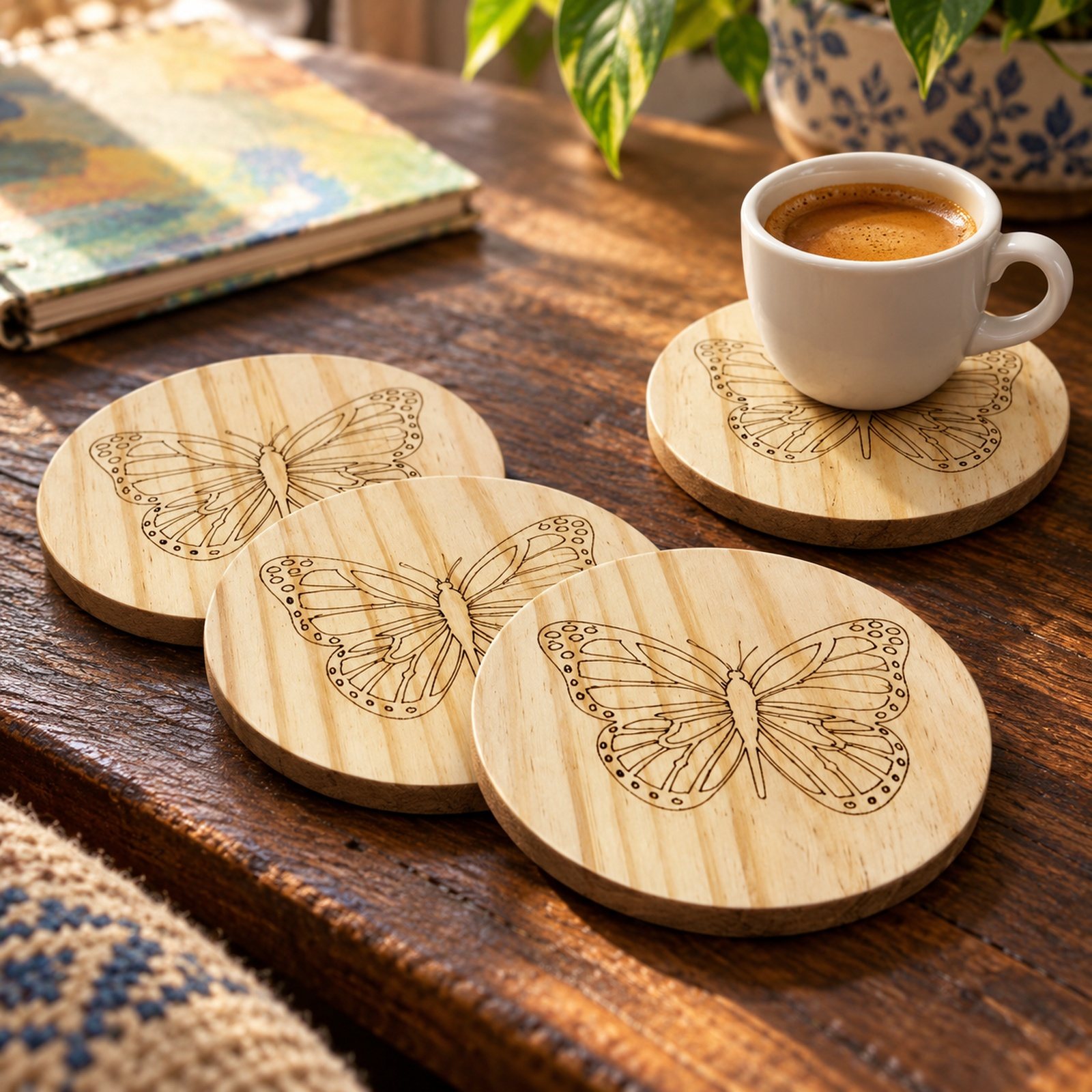 Pine Wood Coaster Set of 4 Pcs, shown in use