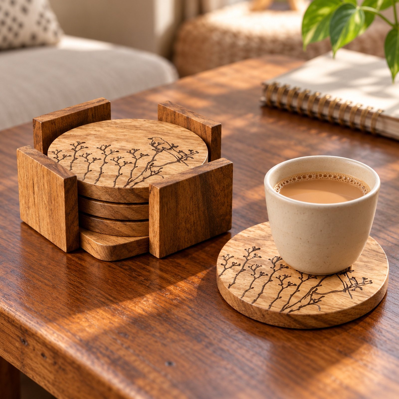 Click to zoom Mango Wood Coaster Set of 4 Pcs with Caddy, Rounded, shown in use