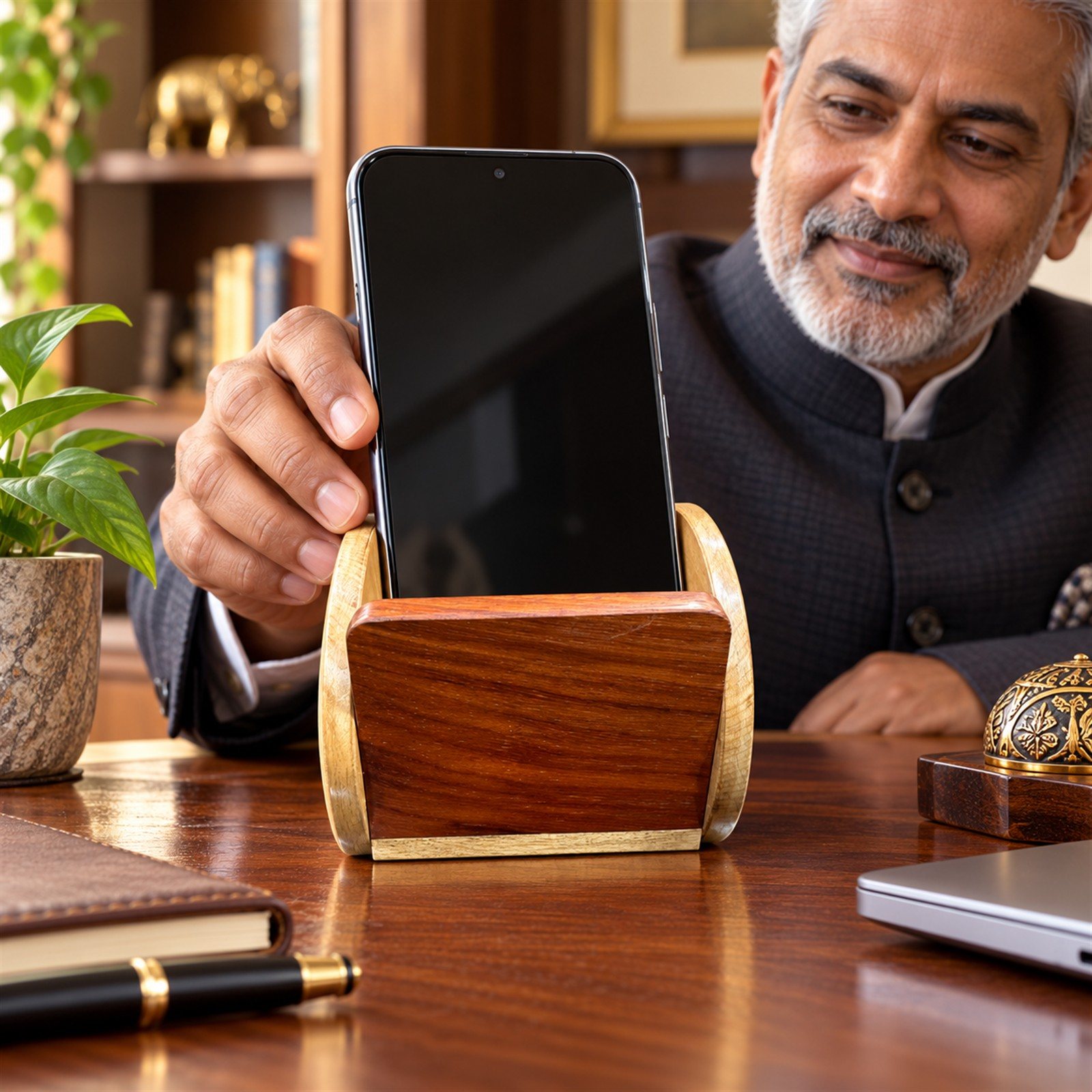 Genuine Rose Wood and Acacia Wood Mobile Stand, shown in use