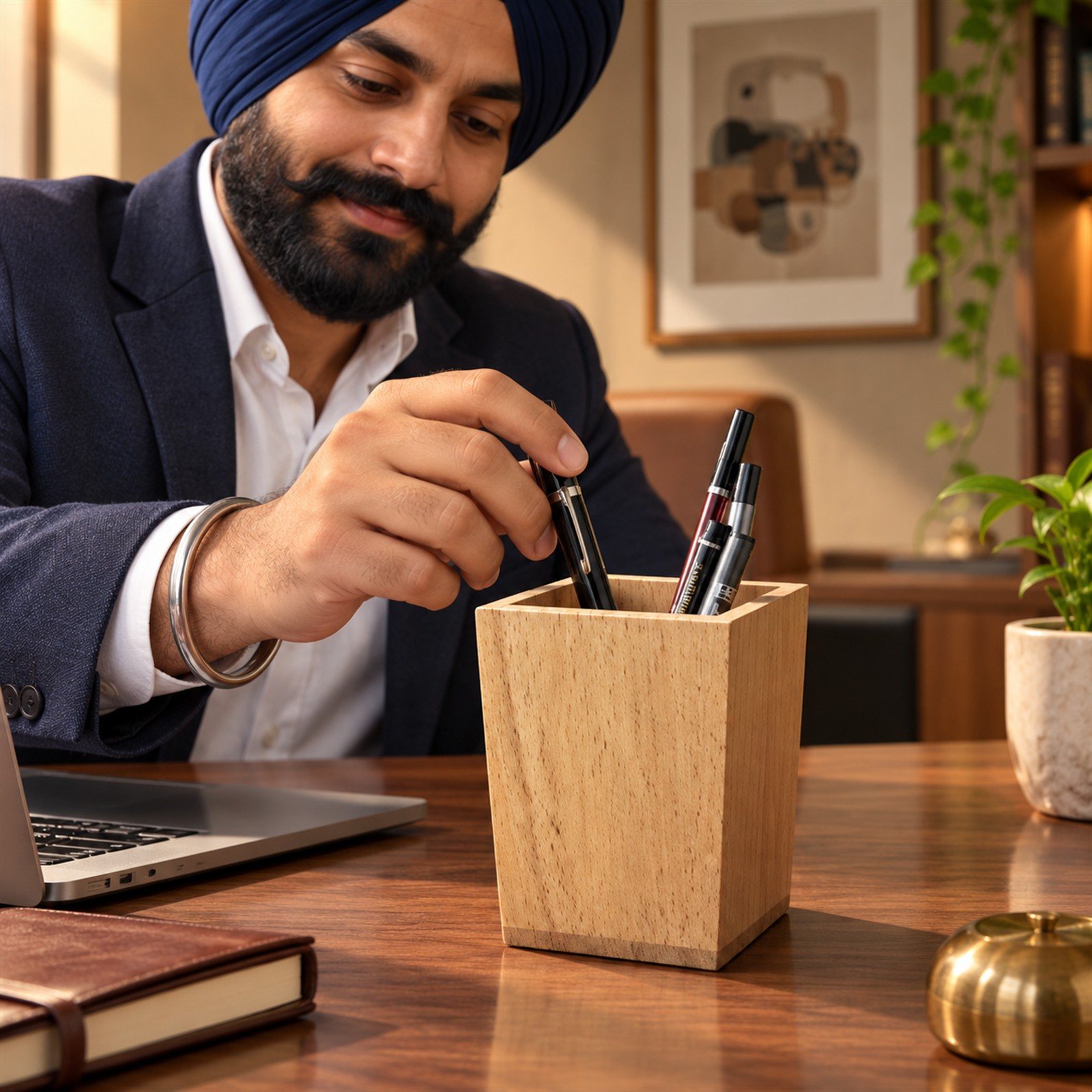 Click to zoom Steamed Beech Wood Pen Stand, Light, shown in use