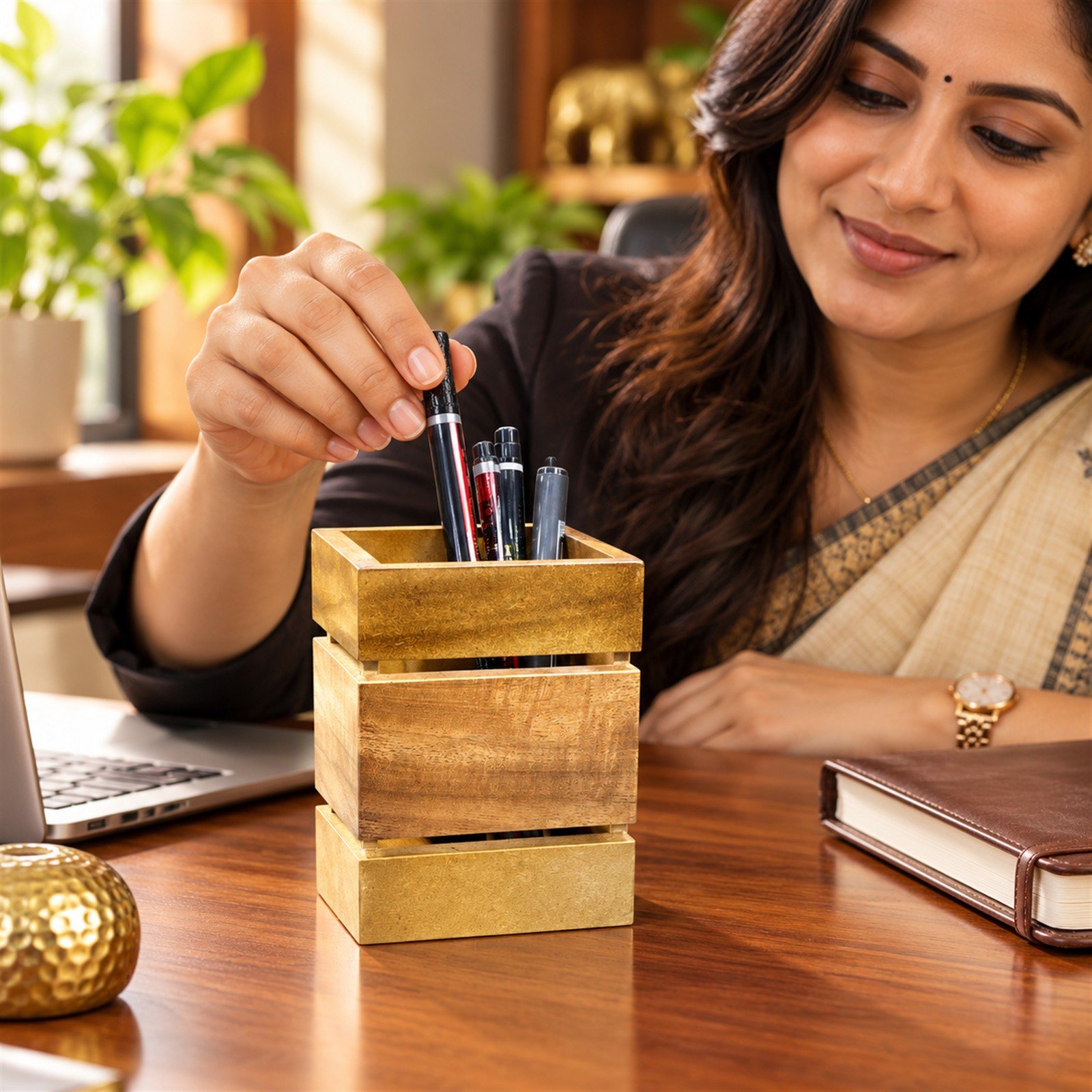 Click to zoom Acacia Wood and MDF Pen Stand, shown in use