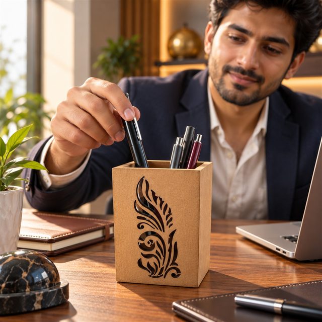 MDF Board Pen Stand, shown in use