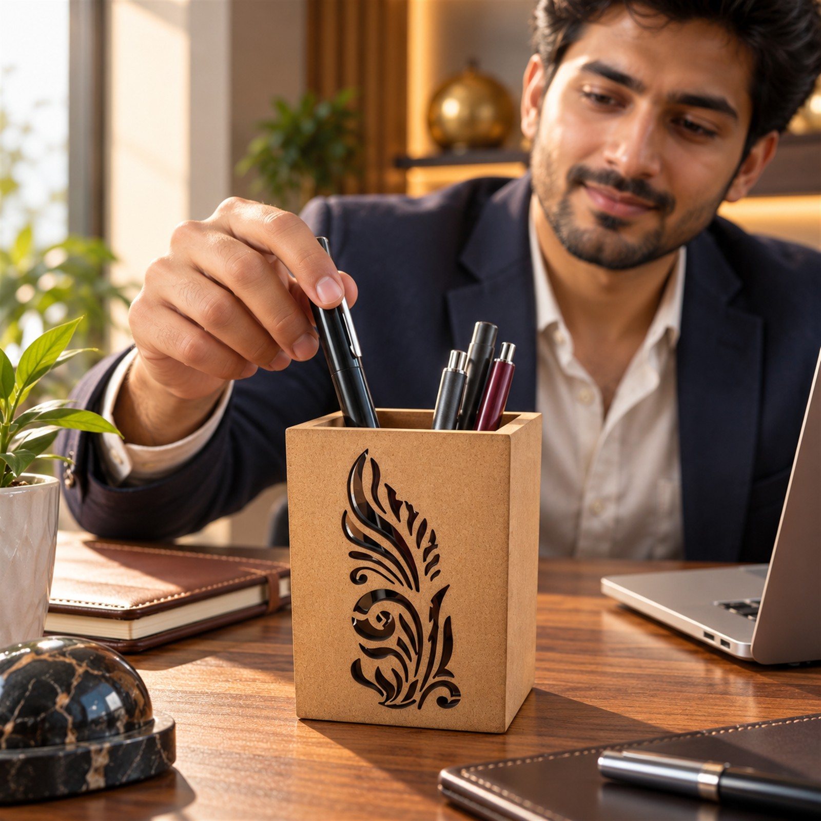 Click to zoom MDF Board Pen Stand, shown in use