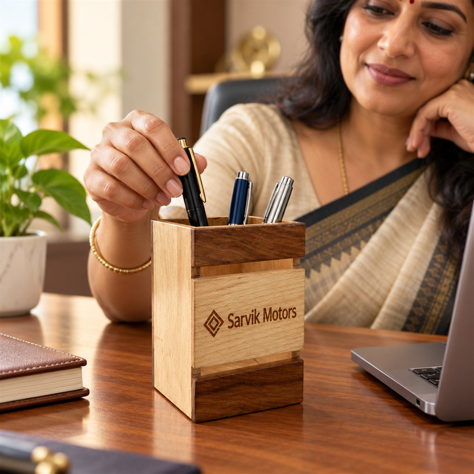 Click to zoom Pine and Acacia Wood Pen Stand, shown in use