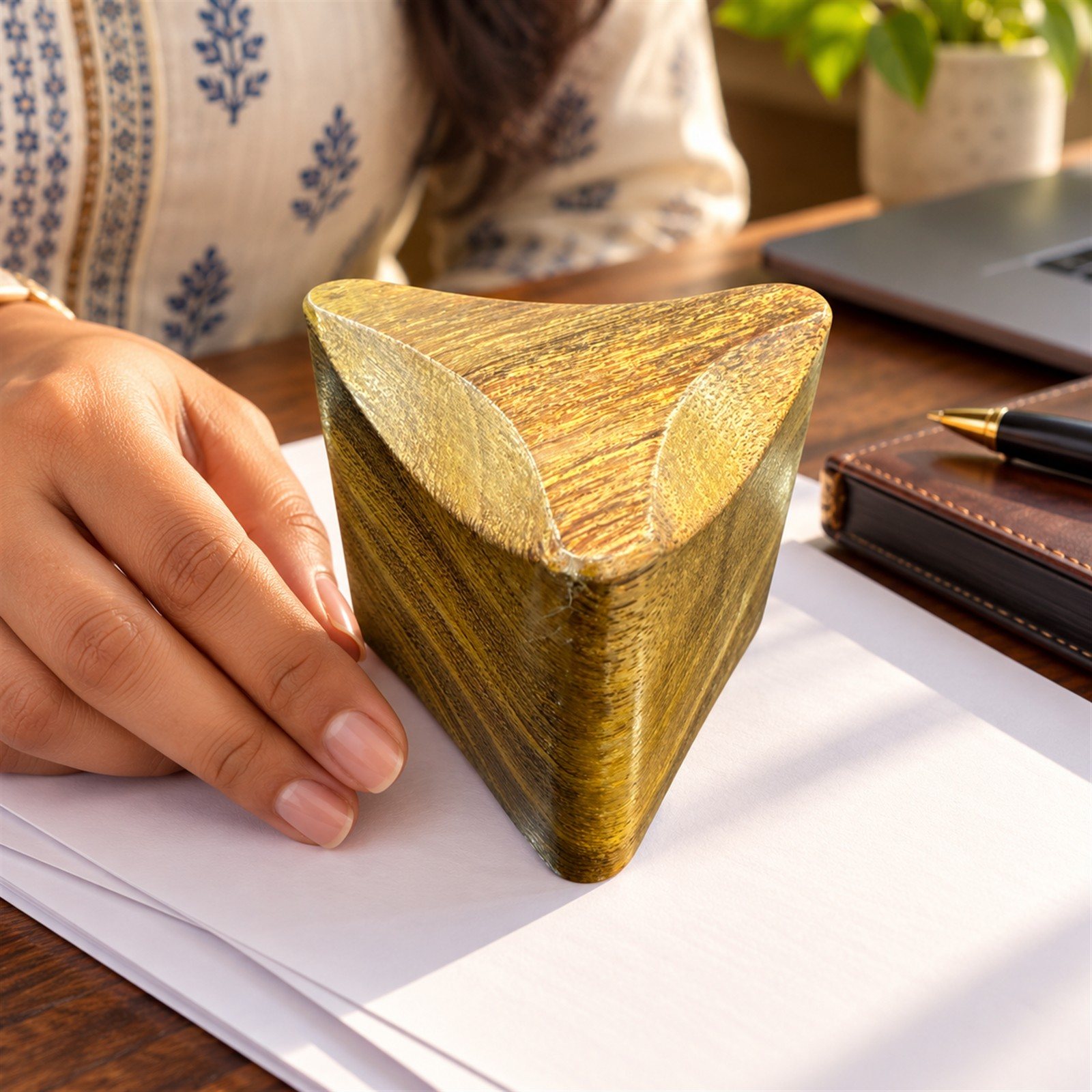 Click to zoom Wooden Paperweight, Triangular, shown in use