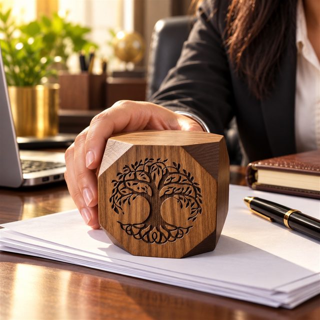 Wooden Paperweight, Cube, shown in use