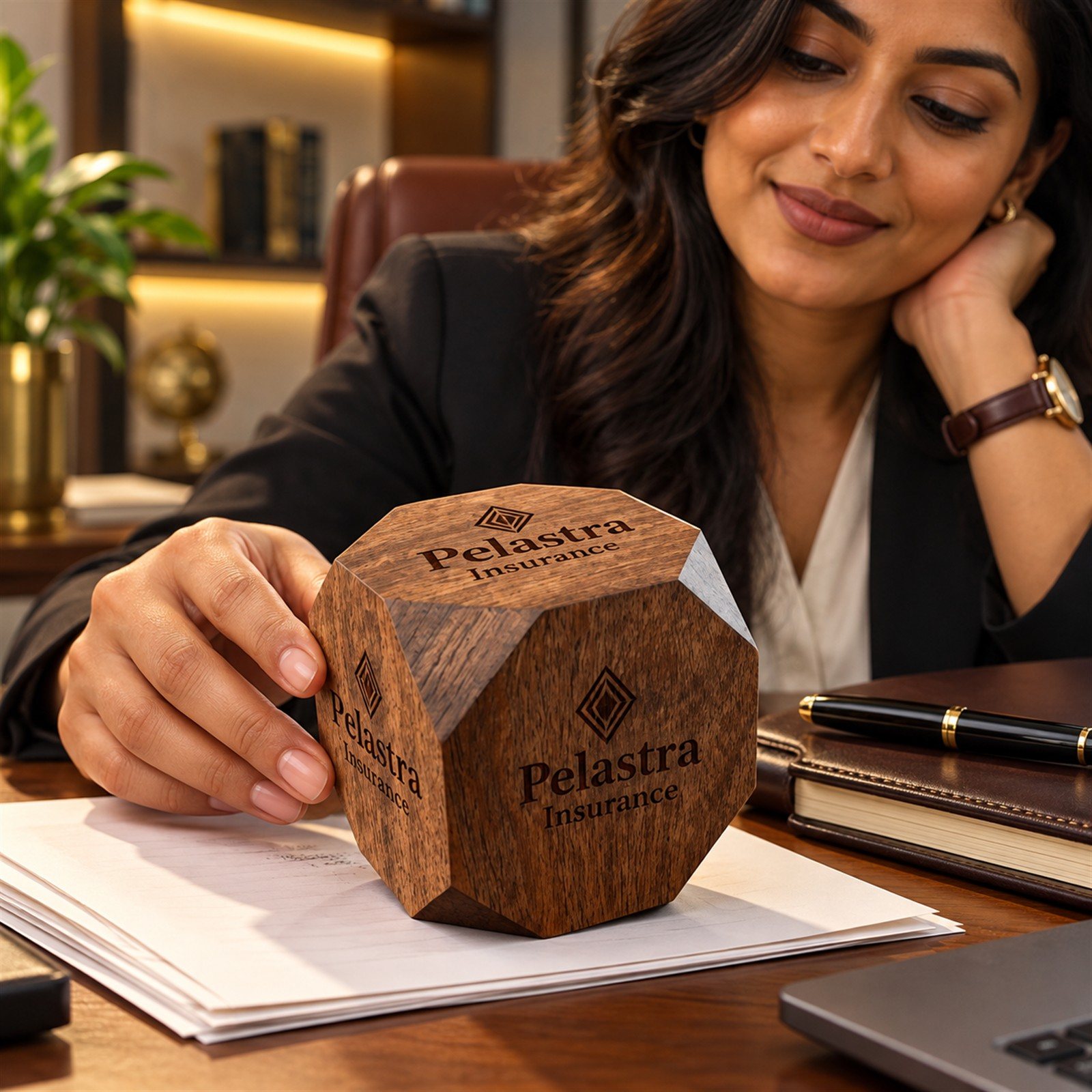 Wooden Paperweight, Dark, shown in use