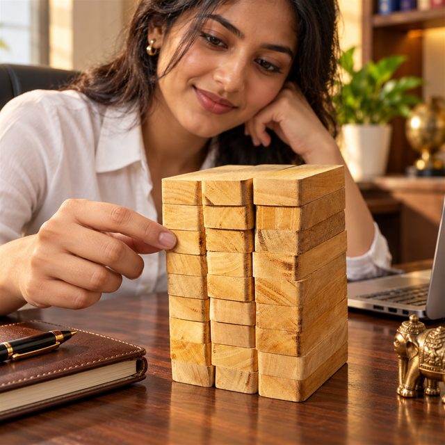 Wooden Jenga Game, Compact, shown in use