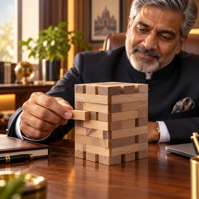 Wooden Jenga Game, Dark, shown in use