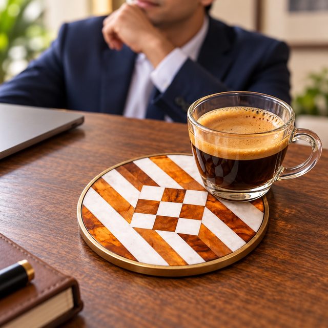 Resin MDF Brass Coaster, Dark, shown in use
