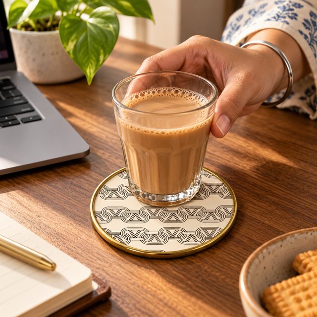 Resin MDF Brass Coaster, Slim, shown in use