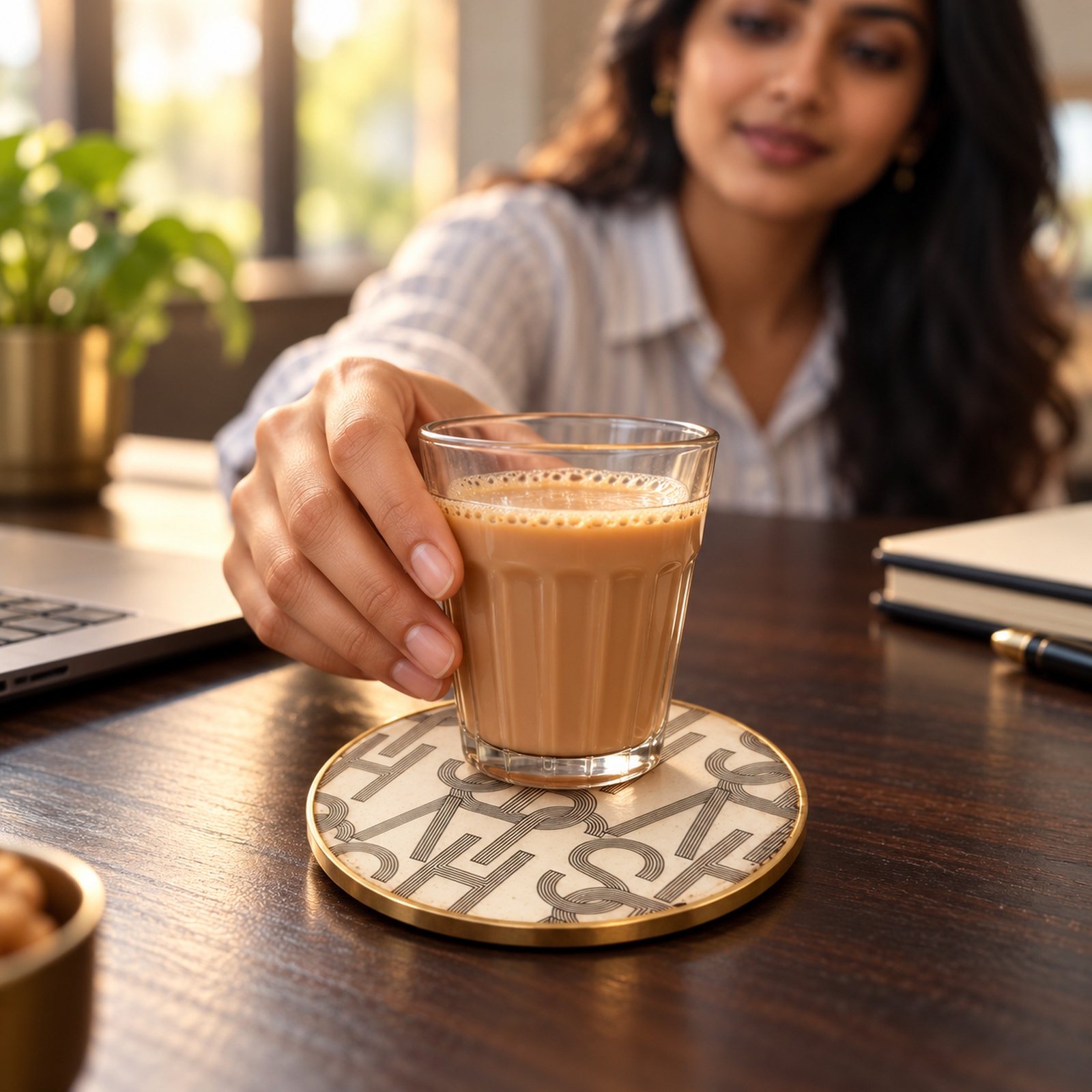 Resin MDF Brass Coaster, Light, shown in use