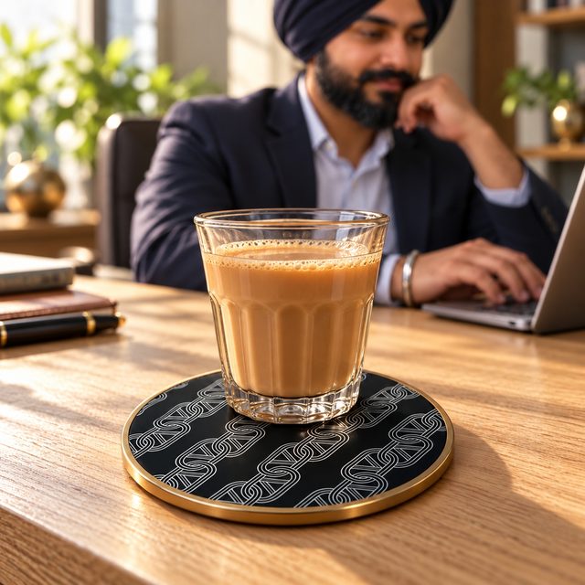 Resin MDF Brass Coaster, Round, shown in use