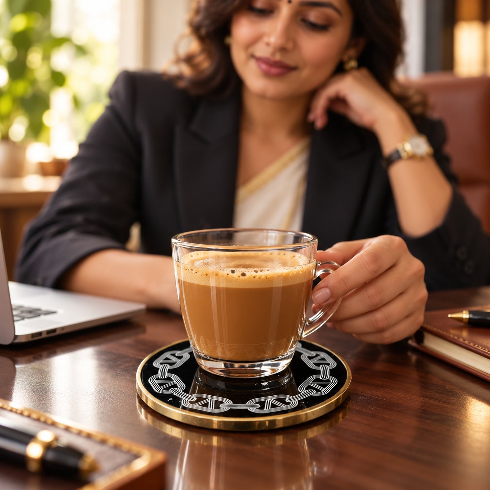 Click to zoom Resin MDF Brass Coaster, Square, shown in use