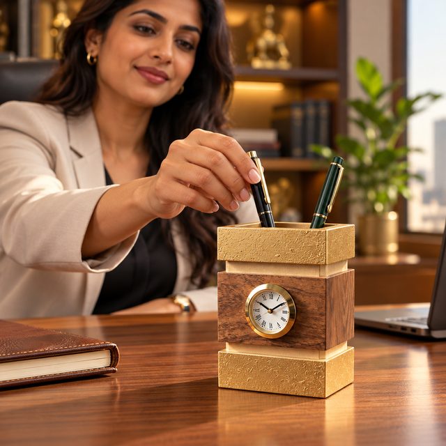 Acacia Wood & MDF Pen Stand with Clock, shown in use